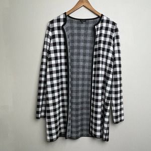 Talbots Checkered Collarless Thick Wool Blend Black White Long Sleeve Cardigan